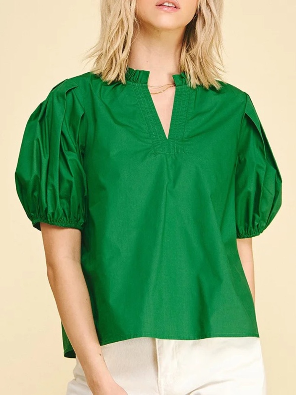 Pinch Emerald Green Puff Sleeve Split-Neck Blouse